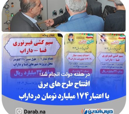 در هفته دولت انجام شد؛افتتاح طرح های برق با اعتبار ۱۷۴ میلیارد تومان در داراب